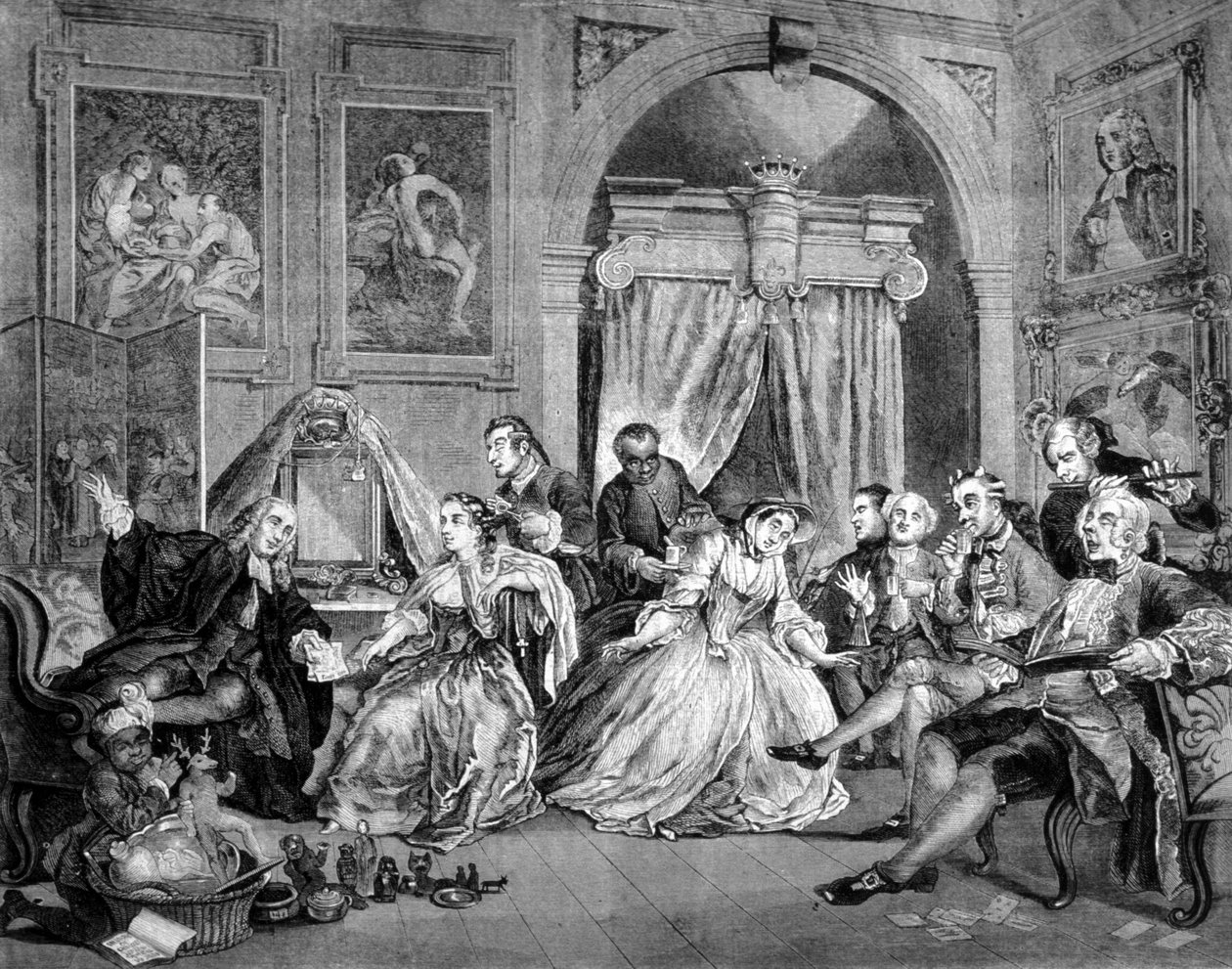 Marriage in Fashion (Marriage in Fashion): serie med 6 satirtavlor om rika människors bröllop. Få upp honom. Gravyr av William Hogarth (1697 - 1764). 1745. av William Hogarth