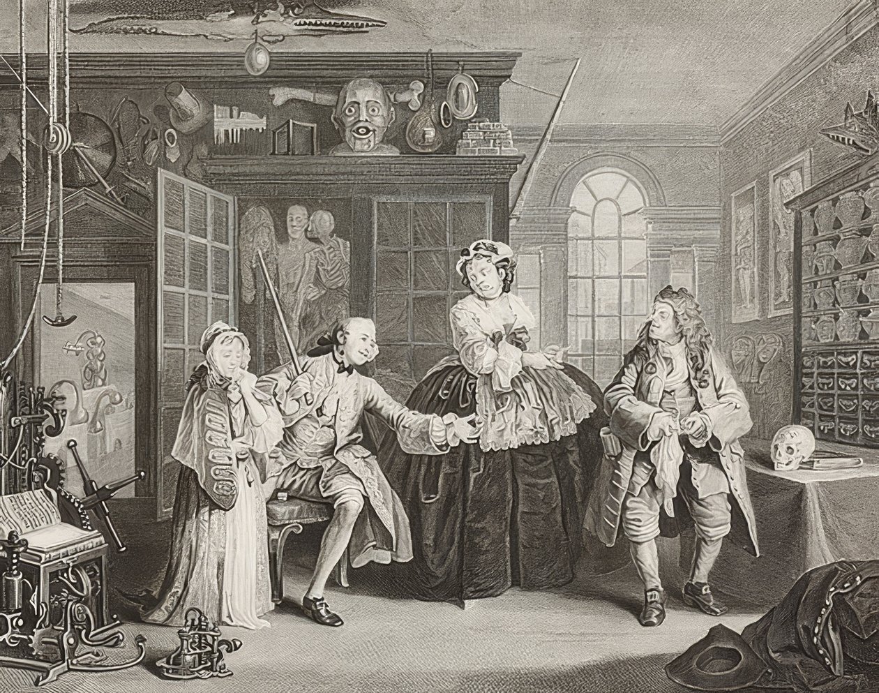Äktenskap à la Mode / äktenskap enligt mode. Blad 3: Inspektionen / Greven och kvacken. 1745 av William Hogarth