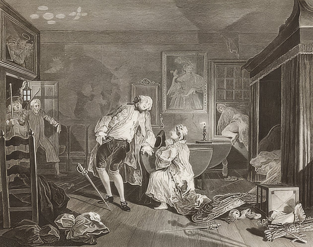 Äktenskap à la Mode / äktenskap enligt mode. Blad 5: Bagnio / Greven faller i en duell. 1745 av William Hogarth
