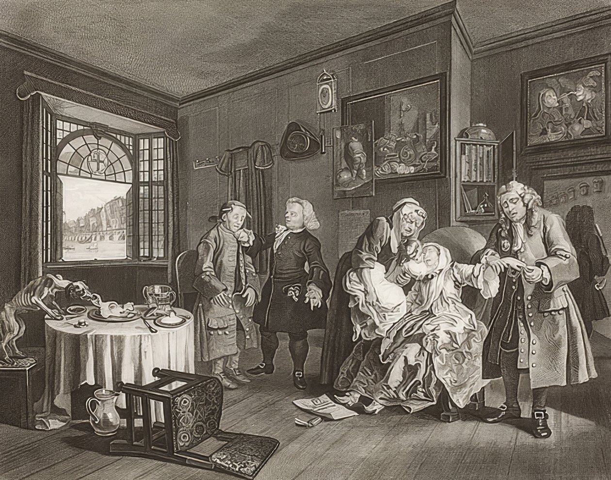 Äktenskap à la Mode / äktenskap enligt mode. Blad 6: The Lady? S Death / Grevinnans självmord. 1745 av William Hogarth