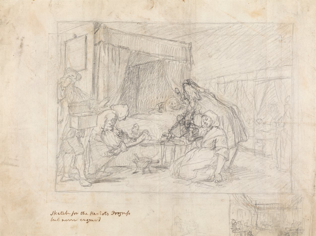 Operationsscen på ett sjukhus med underordnade skisser i marginalen nere till höger av William Hogarth