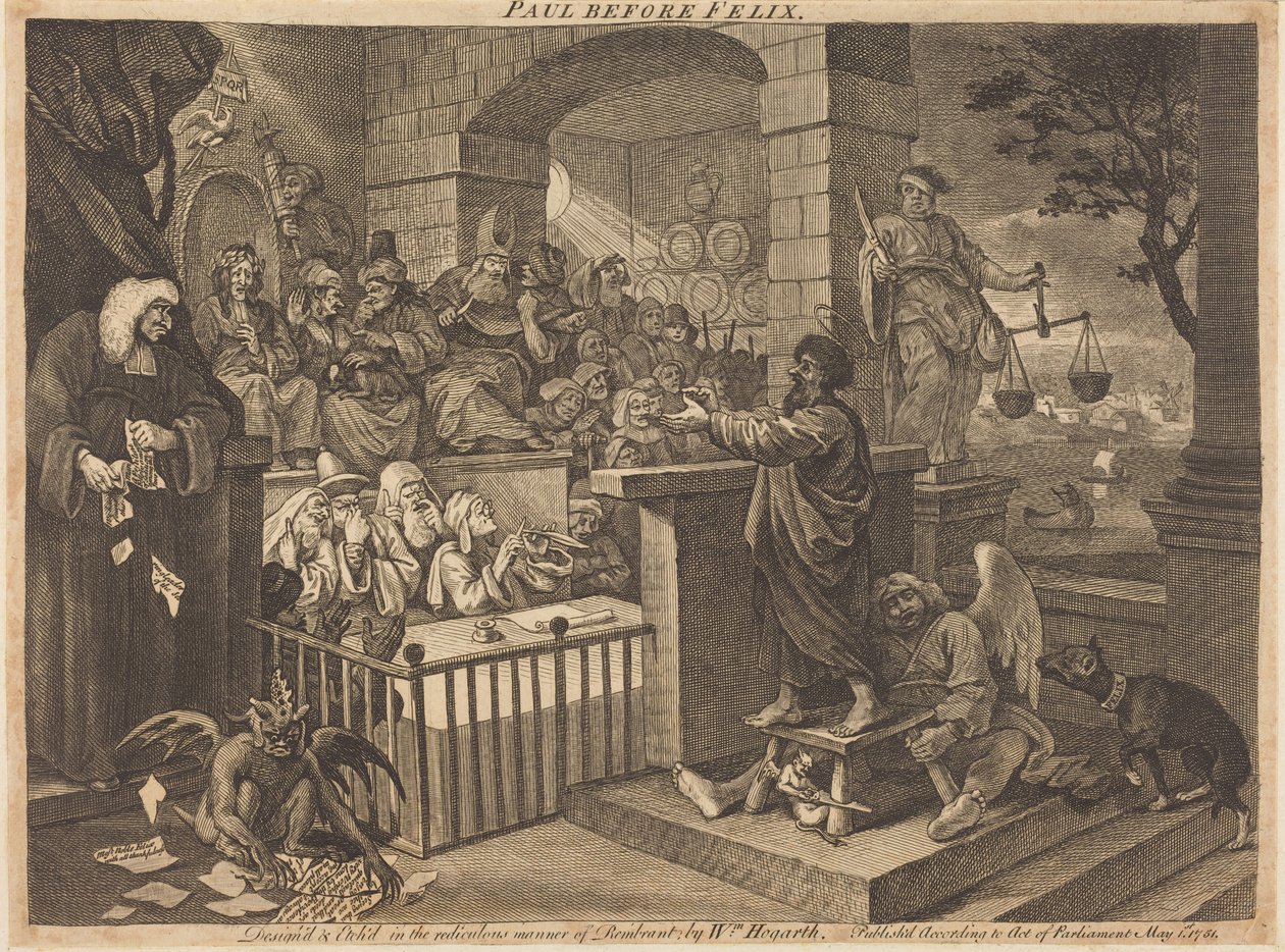 Paulus inför Felix, burleskerad av William Hogarth