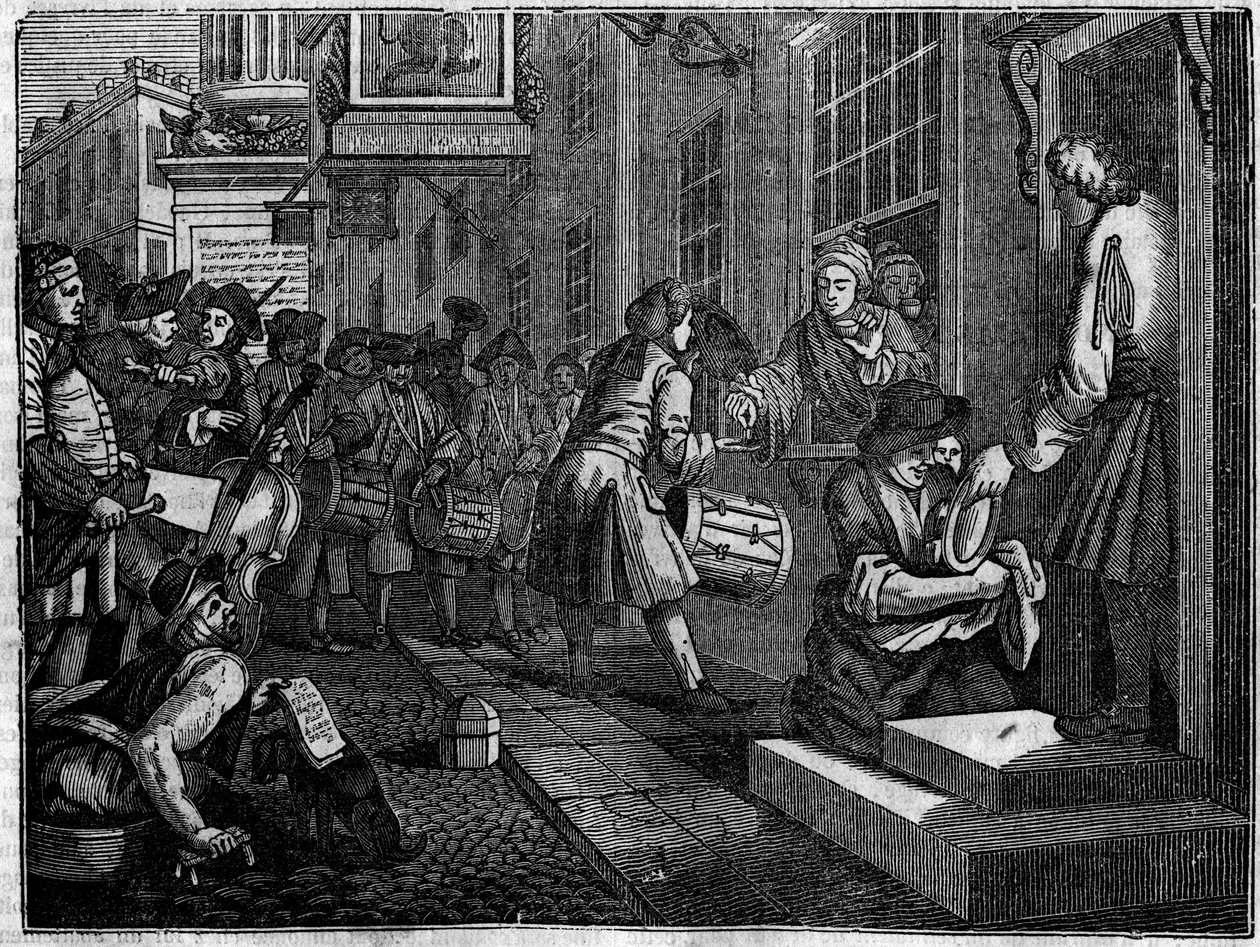 Plåt från en serie om 12 gravyrer av William Hogarth (1697-1764), brittisk illustratör, med titeln "Industry and Idleness", "Zele and laziness", som berättar om två lärlingars karriärer: Goodchilds bröllop med dottern till hans vävmästare av William Hogarth