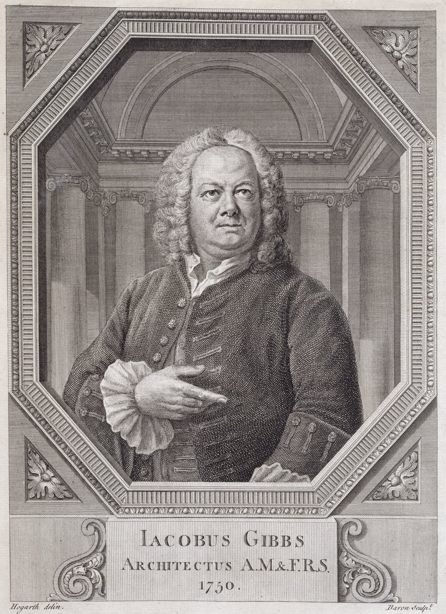 Porträtt av James Gibbs (1682-1754) från "Plans, Sections, and Elevations of the Radcliffe Library", graverat av Bernard Baron (1696-c.1766) 1750 av William Hogarth