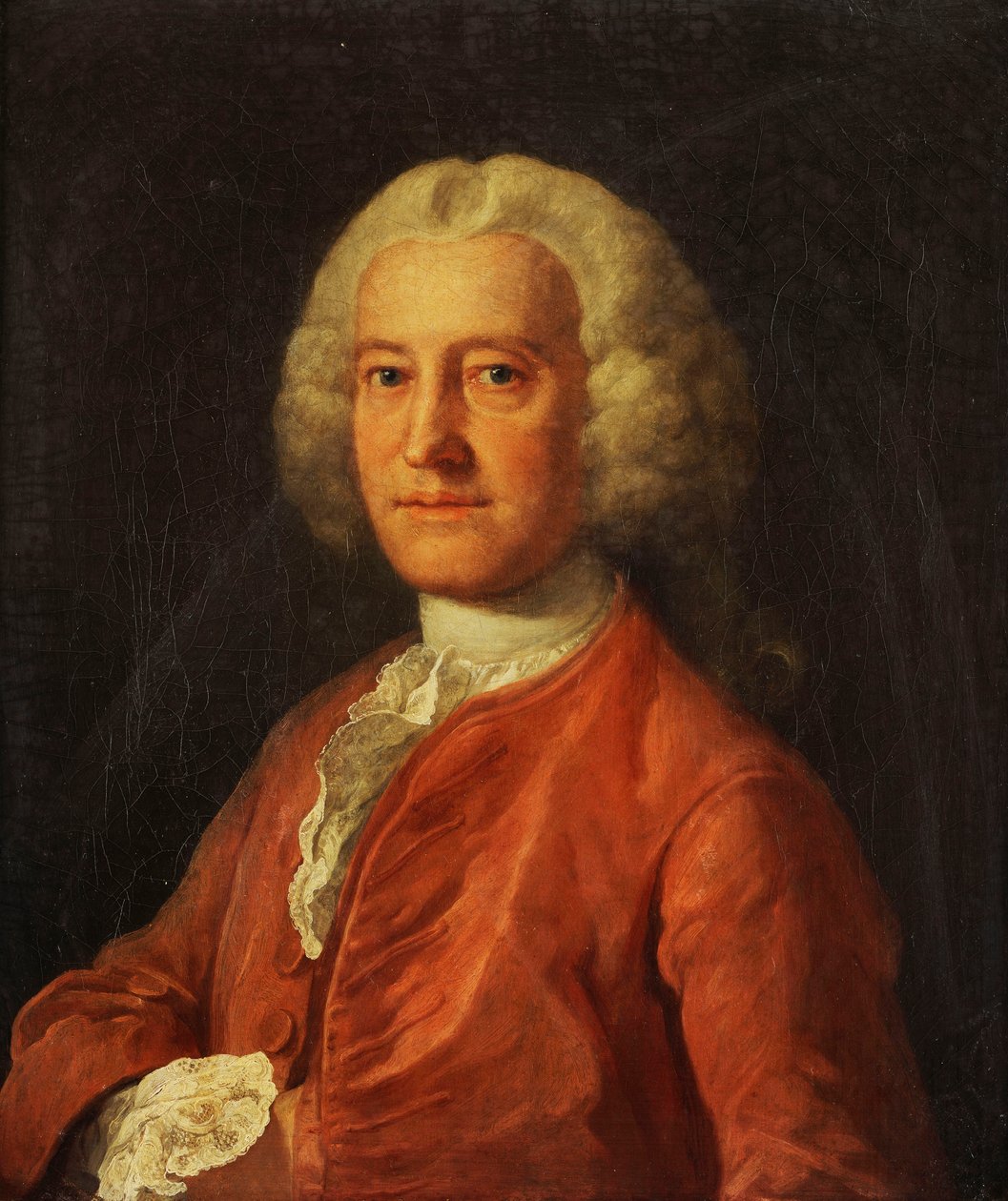Porträtt av Samuel Martin, bystlängd, i en rosa kappa, vit stock och vit skjorta med spetskanter, med höger hand instoppad i jackan, ca 1763 av William Hogarth