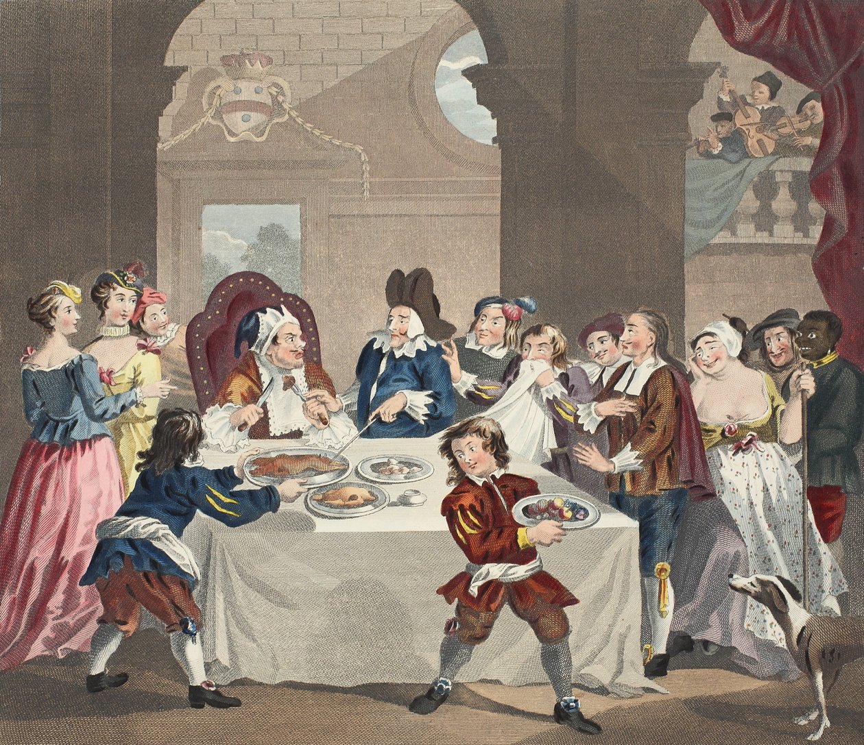 Sancho på festmåltiden utsvulten av hans läkare, illustration från "Hogarth Restored: The Whole Works of the hyllade William Hogarth, re-graved by Thomas Cook", pub. 1812 (handfärgad gravyr) av William Hogarth