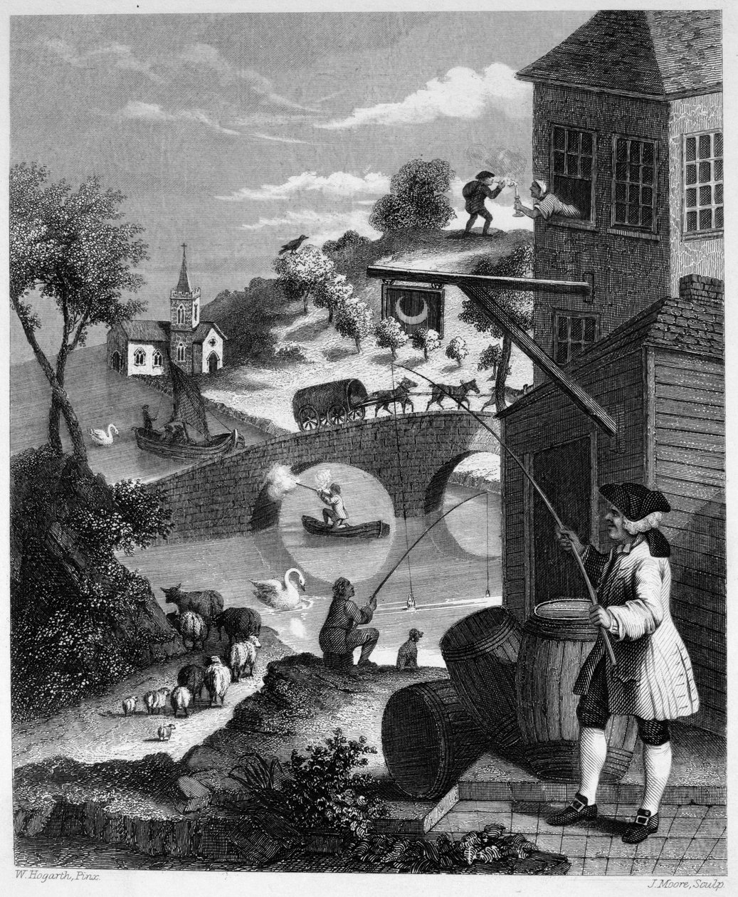 Satir på falskt perspektiv av William Hogarth