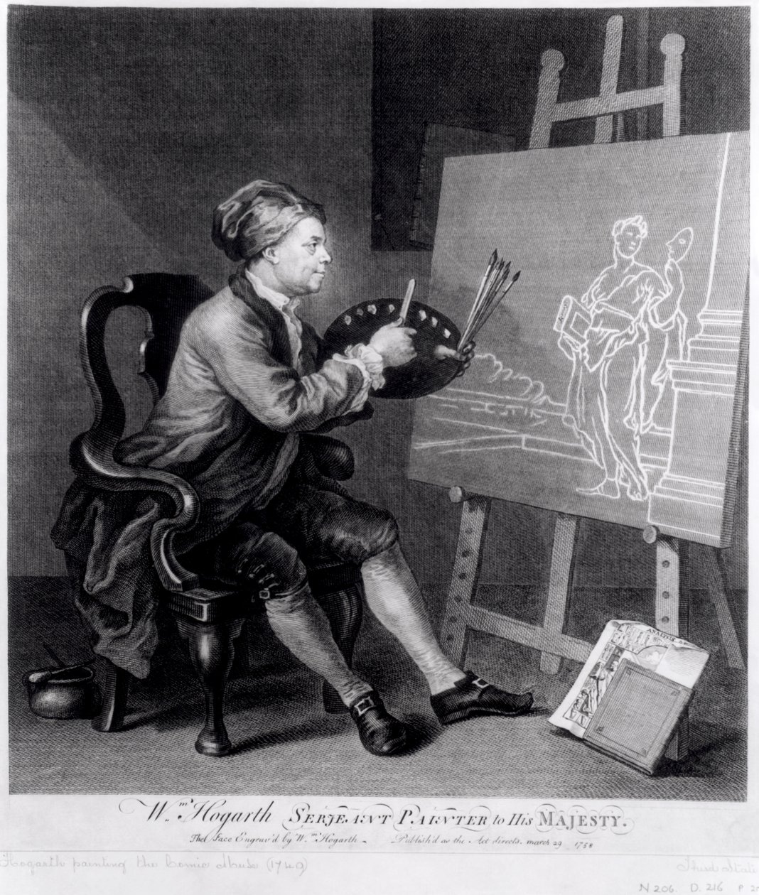 Självporträtt som målar den komiska musan, graverad av konstnären, pub. 1758 av William Hogarth