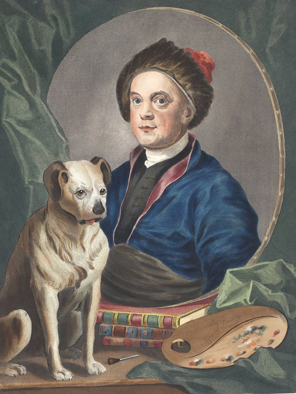 Självporträtt, illustration från "Hogarth Restored: Hela verken av den berömde William Hogarth, ingraverad av Thomas Cook", pub. 1812 (handfärgad gravyr) av William Hogarth