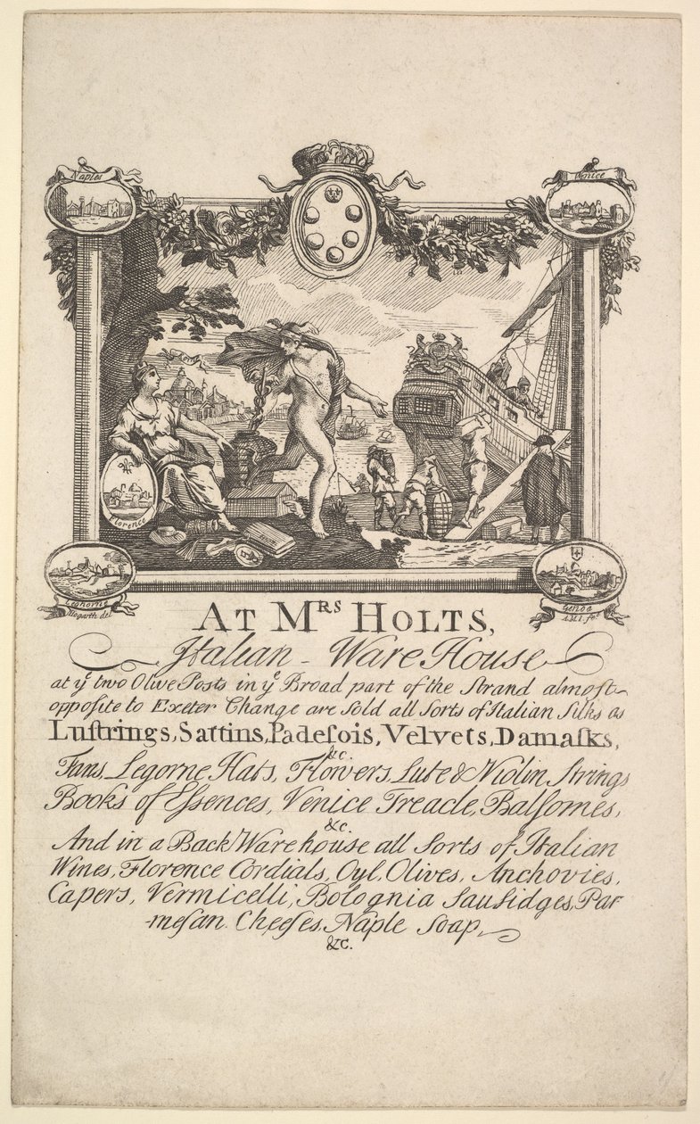 Butikskort för fru Holts italienska lager, 1720-72. av William Hogarth
