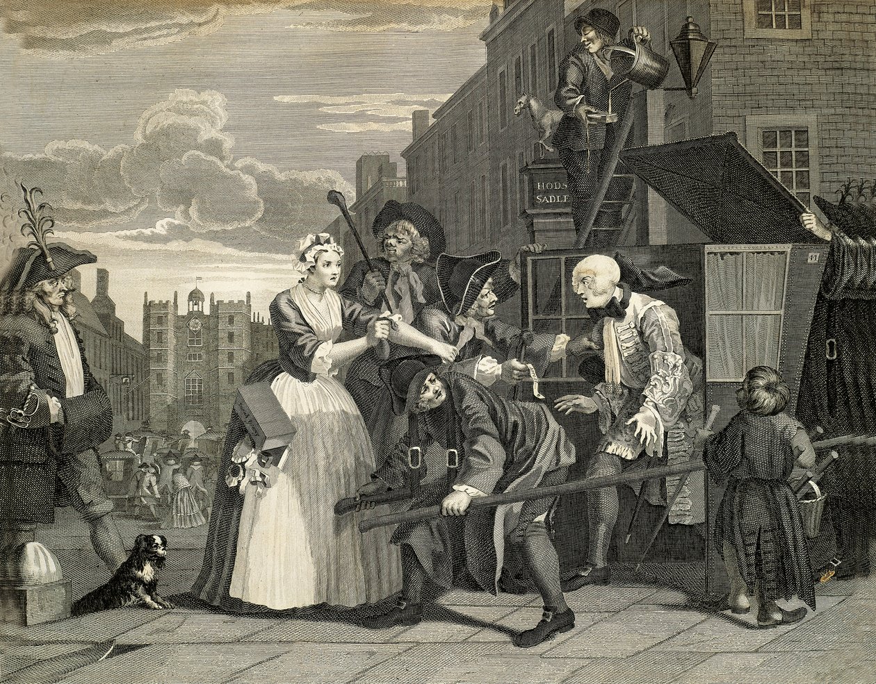 Gatuscener i London, av William Hogarth (1697-1764), gravyr, England av William Hogarth