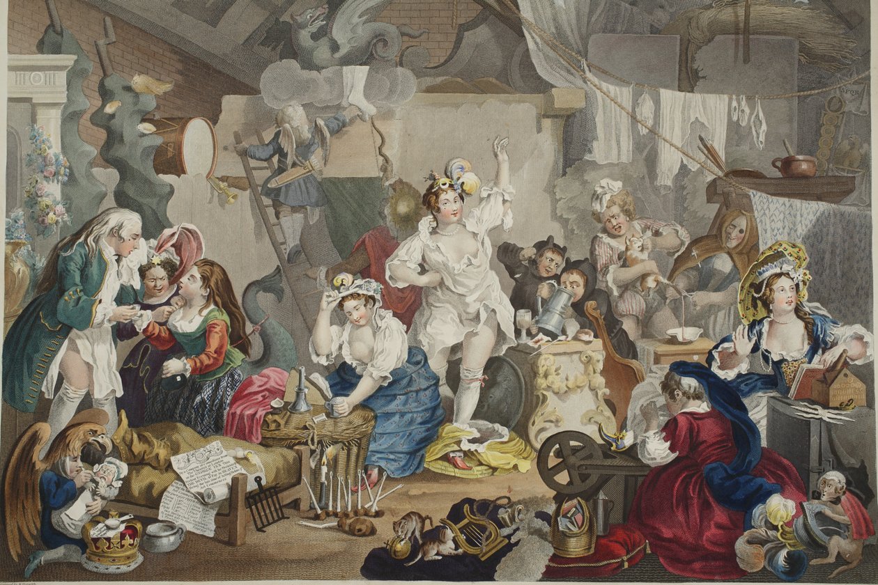Vandrande skådespelerskor som klär på sig i en lada, illustration från "Hogarth Restored: The Whole Works of the celebrated William Hogarth, re-engraved by Thomas Cook", pub. 1812 (handkolorerad gravyr) av William Hogarth