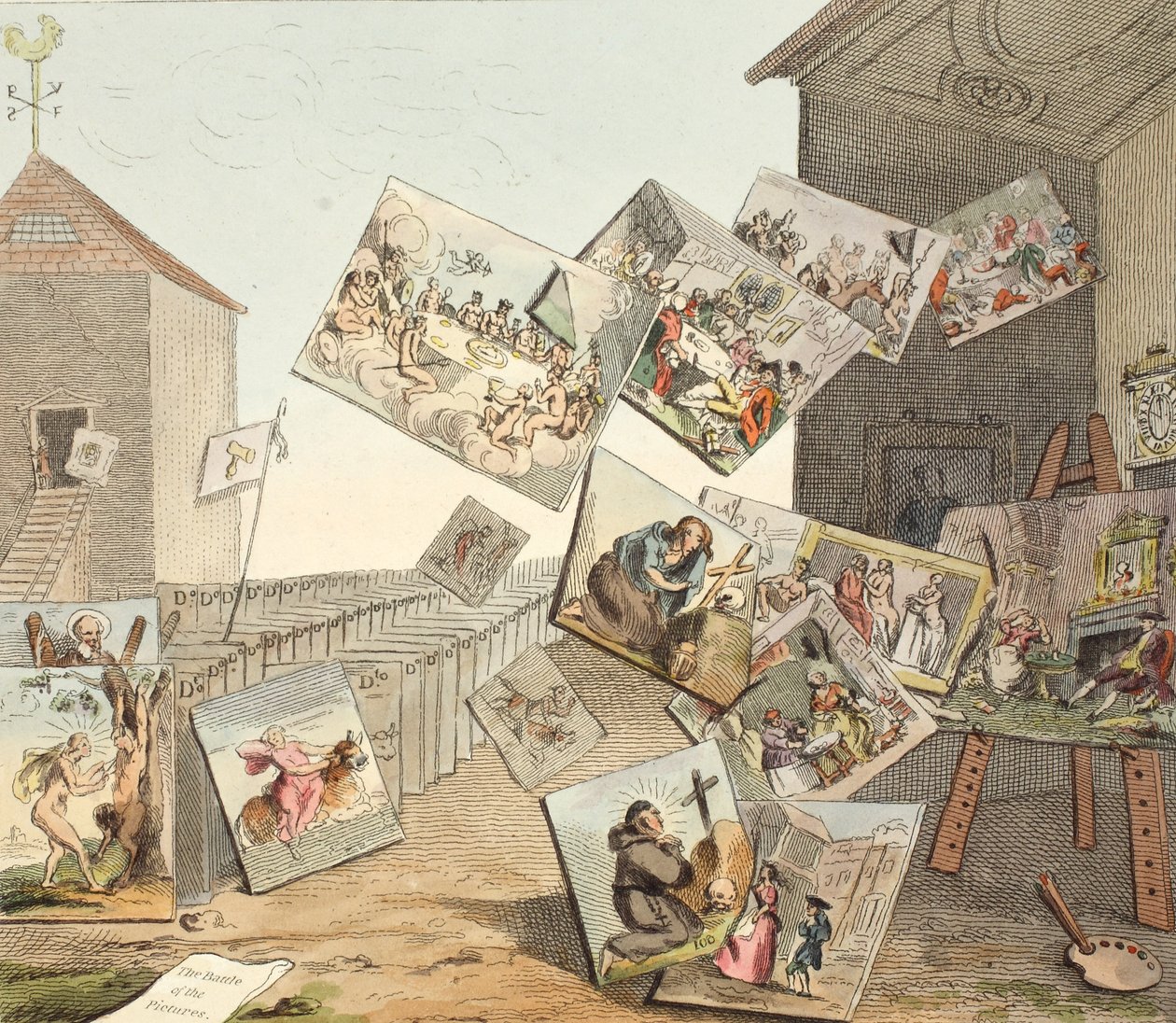 Slaget om bilderna, illustration från "Hogarth Restored: The Whole Works of the celebrated William Hogarth, re-engraved by Thomas Cook", pub. 1812 (handkolorerad gravyr) av William Hogarth