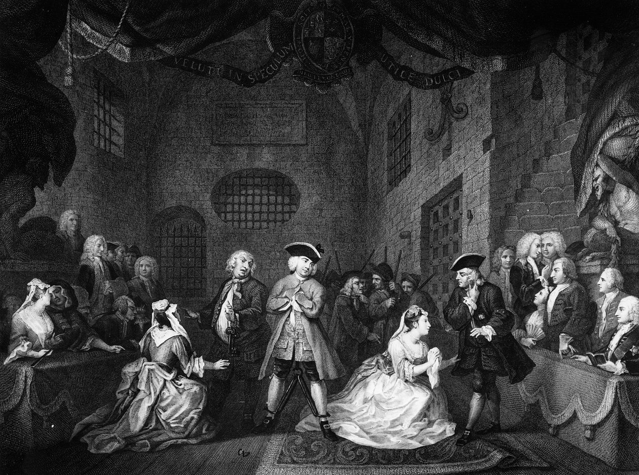 Tiggarens opera, scen III, akt XI, c.1728 av William Hogarth