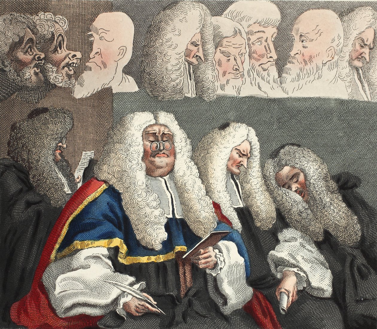 Bänken, illustration från "Hogarth Restored: The Whole Works of the hyllade William Hogarth, re-graved by Thomas Cook", pub. 1812 (handfärgad gravyr) av William Hogarth
