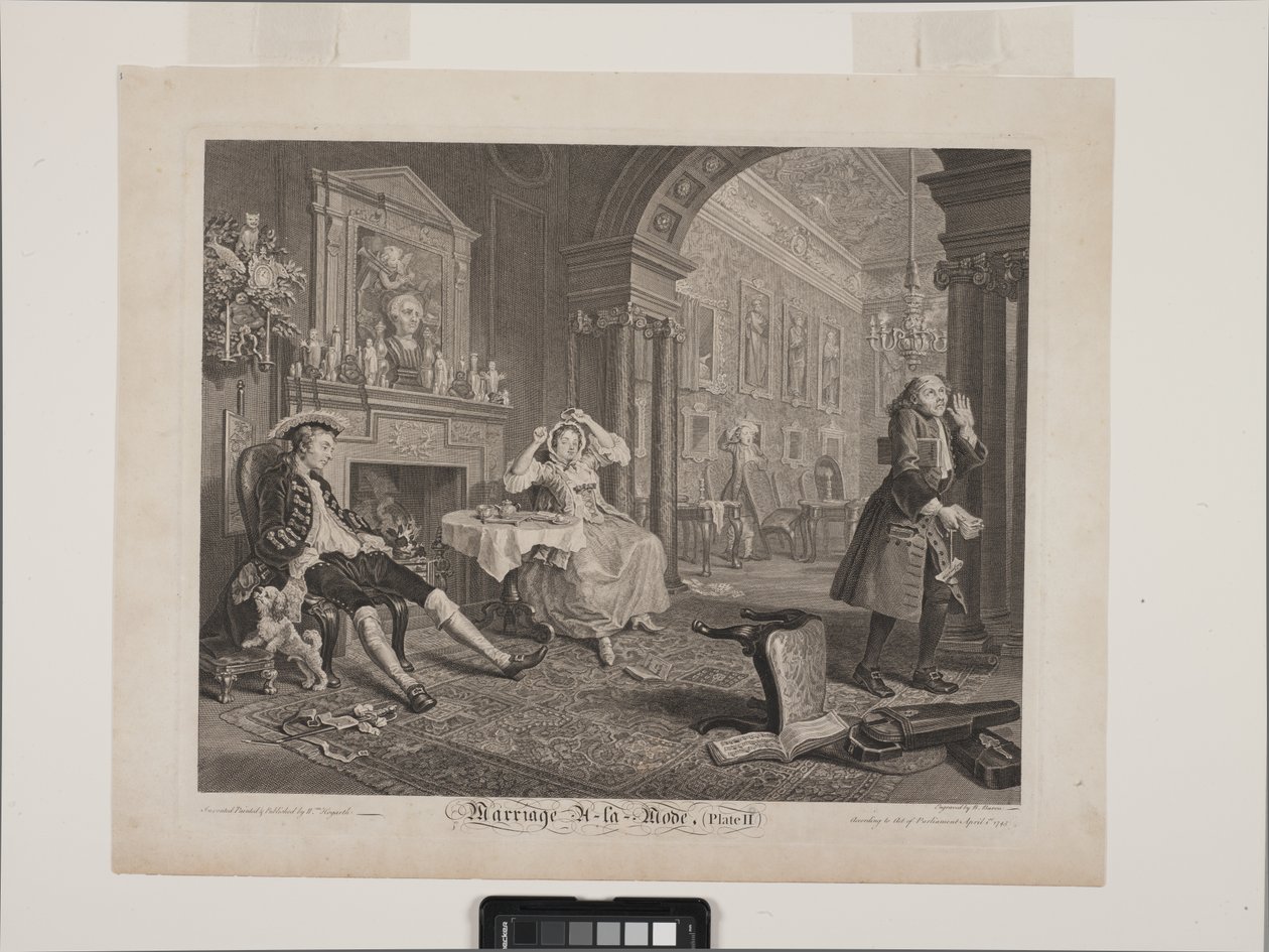 Frukostscenen: Marriage À La Mode, tavla 2 (etting och gravyr) av William Hogarth