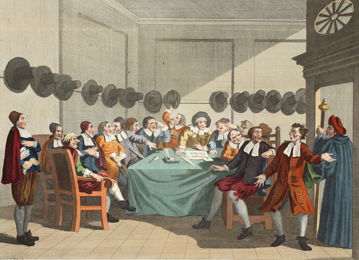 Kommittén, från "Hudibras" av Samuel Butler (1612-80), illustration från "Hogarth Restored: The Whole Works of den berömde William Hogarth, ingraverad av Thomas Cook", pub. 1812 (handfärgad av William Hogarth