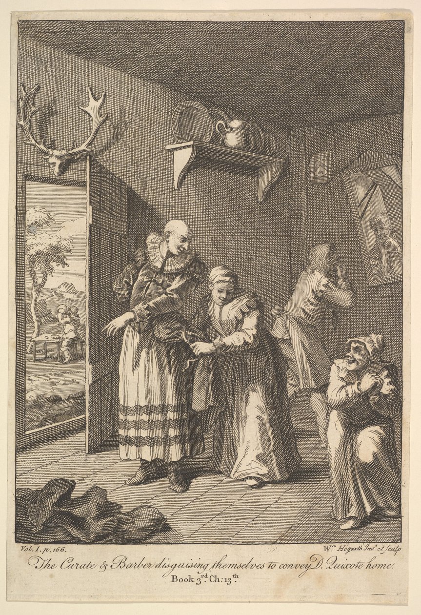 Kuraten och frisören döljer sig för att förmedla Don Quijote Home Six I..., 1756 eller senare. av William Hogarth