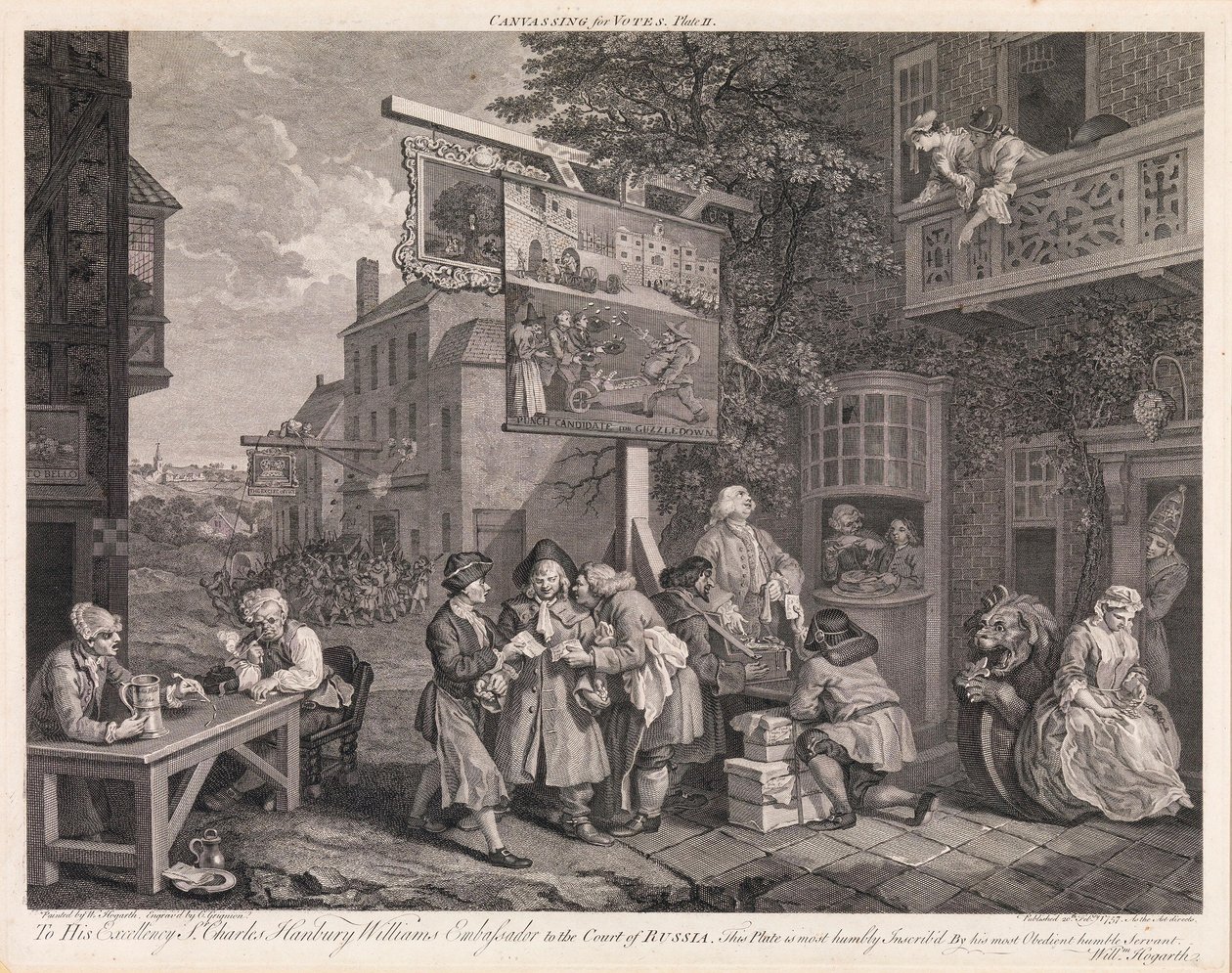 Valet, plansch 2: "Röstvärvning" av William Hogarth