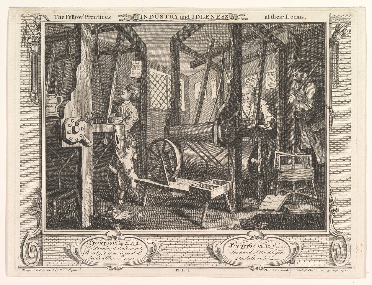 The Fellow Prentices at their Looms Industry and Idleness, skylt 1, 30 september 1747. av William Hogarth