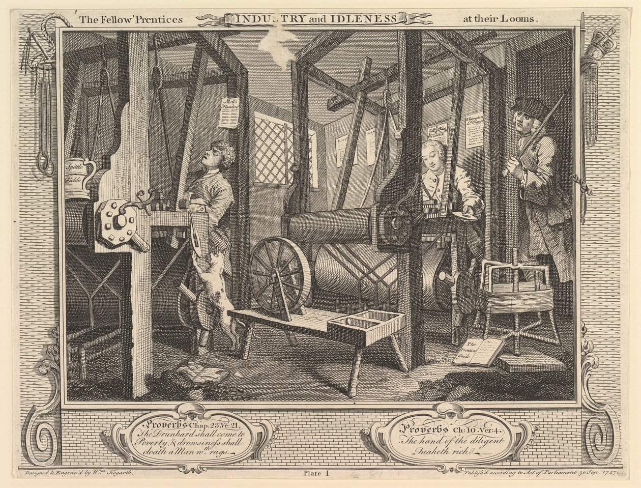The Fellow Prentices at their Looms: Industry and Idleness, skylt 1, 30 september 1747. av William Hogarth