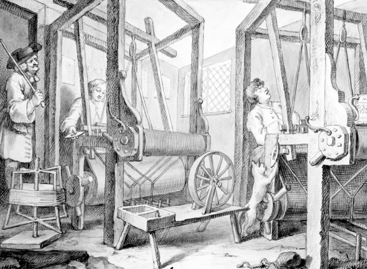 The Fellow Prentices at their Looms Representing Industry and Idleness, 1747 (tvätt, penna och bläck och grafit på papper) av William Hogarth
