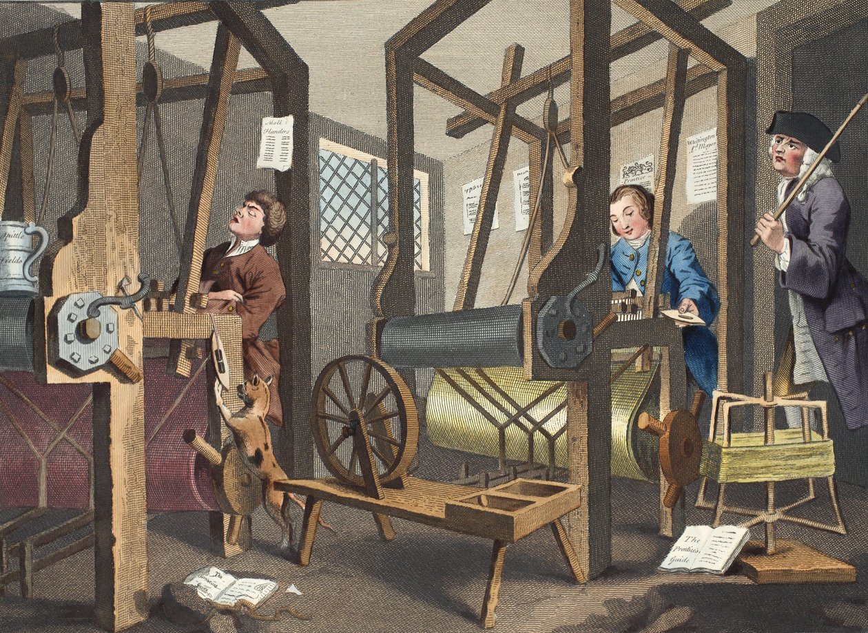 Kollegan "Prentices at their Looms, skylt I av "Industry and Idleness", illustration från "Hogarth Restored: The Whole Works of the berömde William Hogarth, re-graved by Thomas Cook", pub. 1812 av William Hogarth