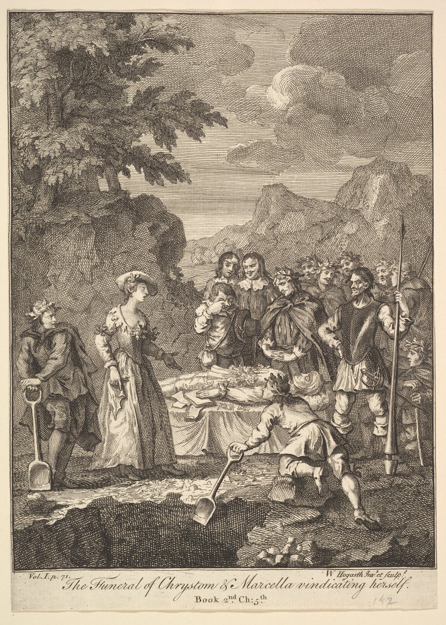 The Funeral of Chrystom & Marcella som rättfärdigar sig själv Sex Illustrationer för Don..., 1756 eller senare. av William Hogarth