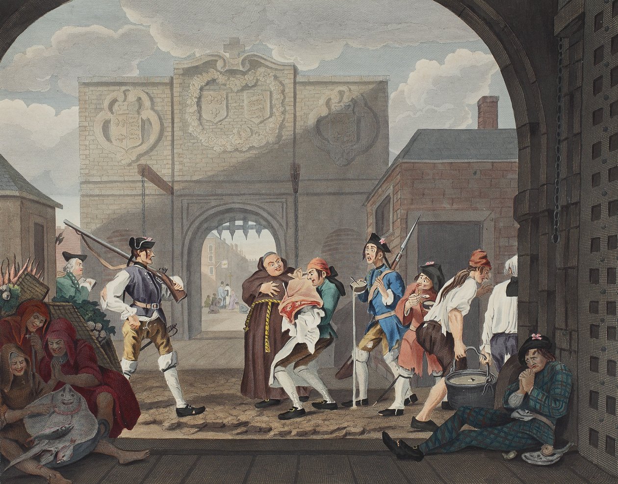 Porten av Calais, eller O Rostbiffen i det gamla England, illustration från "Hogarth Restored: Hela verken av den berömde William Hogarth, ingraverad av Thomas Cook", pub. 1812 (handkolorerad sv av William Hogarth