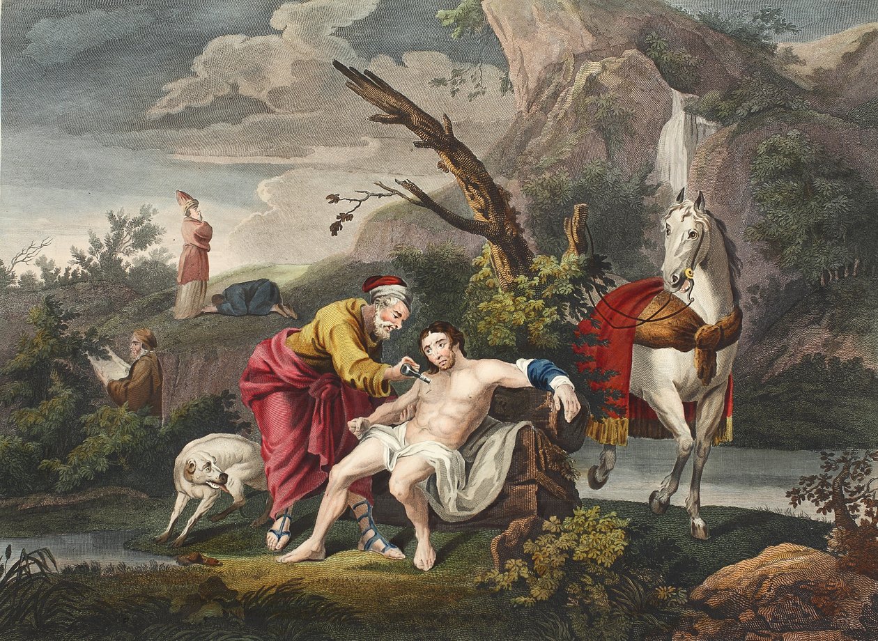 Den barmhärtige samariten, illustration från Hogarth Restored: The Whole Works of the celebrated William Hogarth, re-engraved by Thomas Cook", pub. 1812 (handkolorerad gravyr) av William Hogarth
