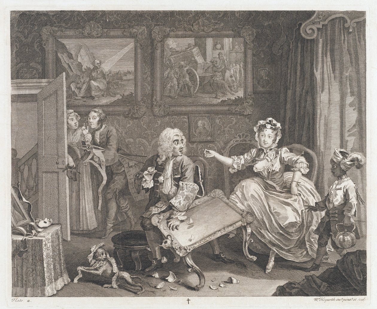 Skökan hittar en beskyddare, designad 1732, tryckt 1744 (Etsning och gravyr) av William Hogarth
