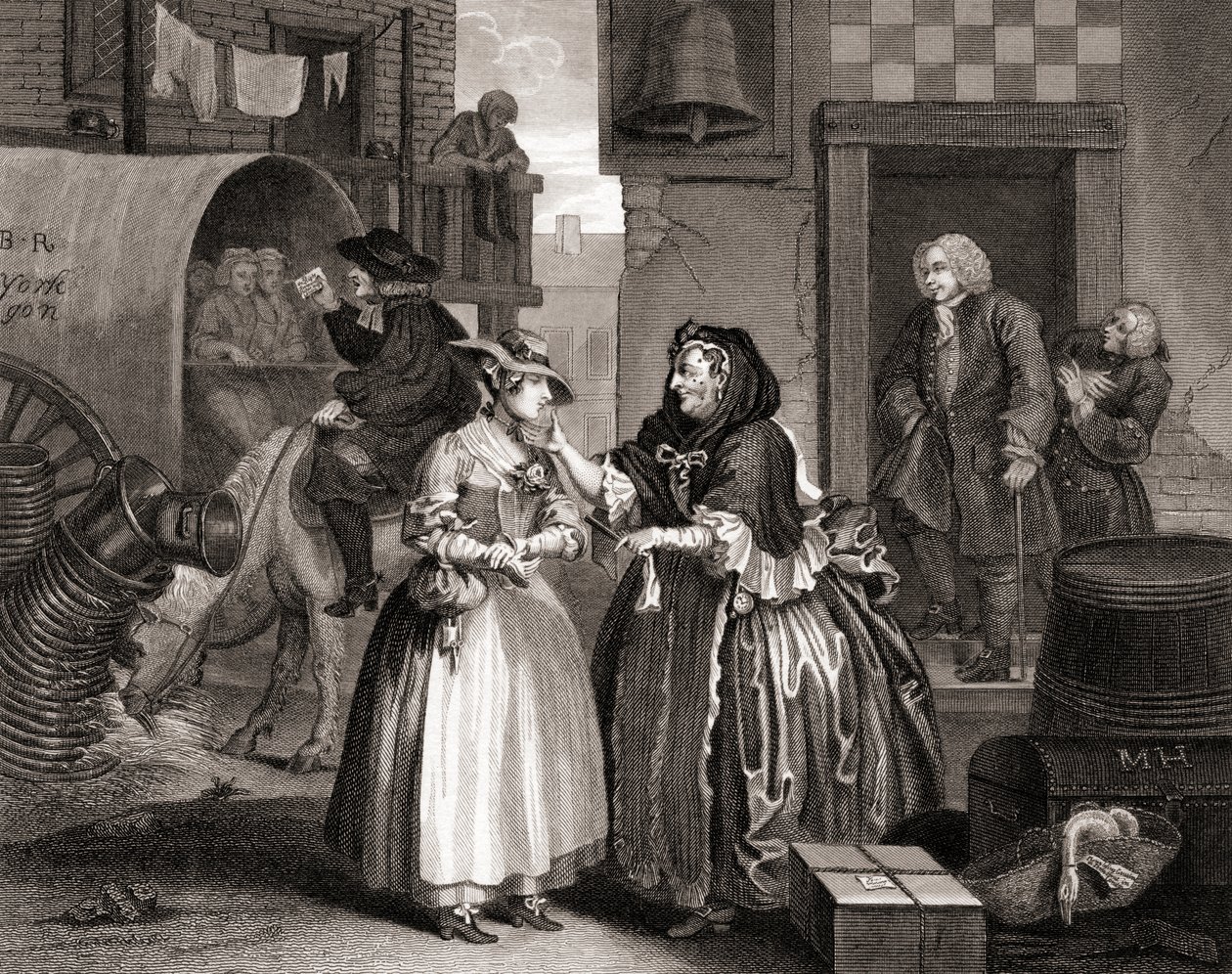 The Harlots Progress insnärjd av en anskaffning, från The Works of Hogarth publicerad London 1833 (bw gravyr) av William Hogarth
