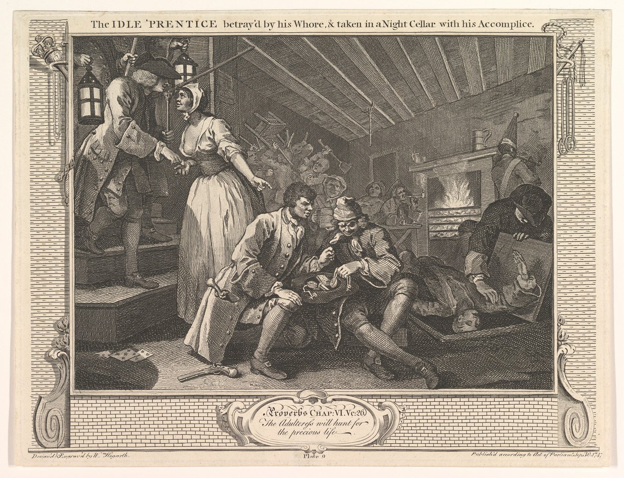 The Idle Prentice förrådd av sin hora och tagen i en nattkällare med hej..., 30 september 1747. av William Hogarth