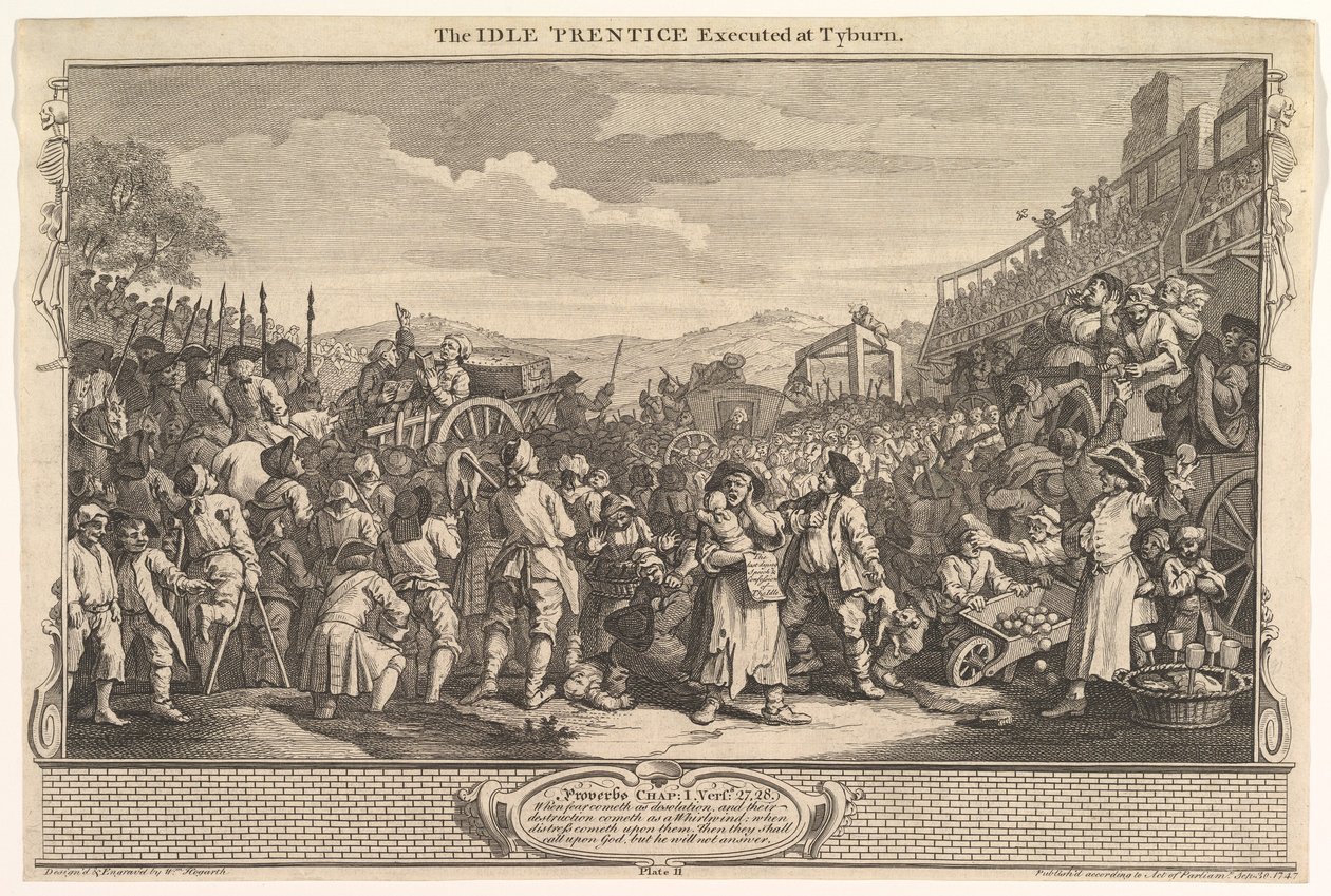 The Idle Prentice Executed at Tyburn: Industry and Idleness, skylt 11, 30 september 1747. av William Hogarth