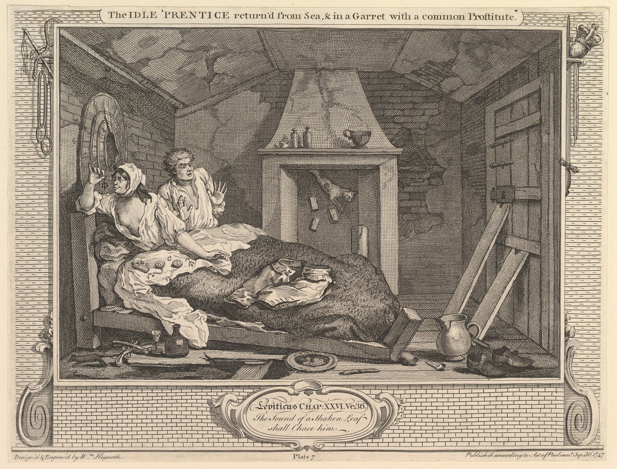 The Idle Prentice återvände från havet och i en garret med en vanlig prostituerad..., 30 september 1747. av William Hogarth