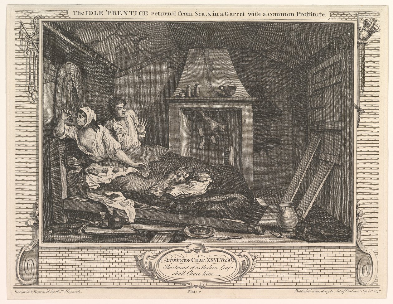 The Idle Prentice återvände från havet och i en garret med en vanlig prostituerad..., 30 december 1747. av William Hogarth