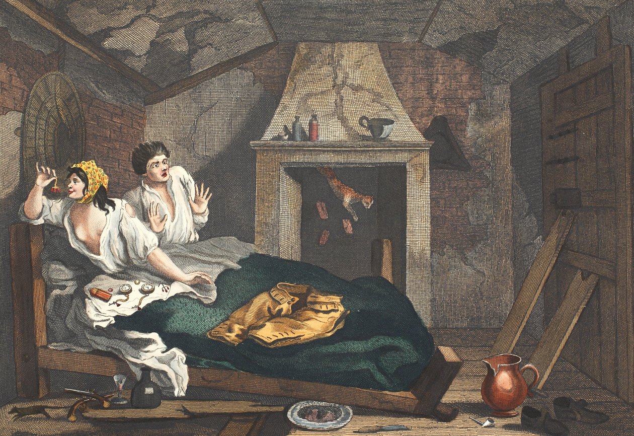 Den sysslolösa "Prentice Returned from Sea, and in a Garret with a common Prostitute", tavla VII i "Industry and Idleness, illustration från "Hogarth Restored: Den berömda William Hogarths hela verk: "The Whole Works of the celebrated William Hogarth". av William Hogarth