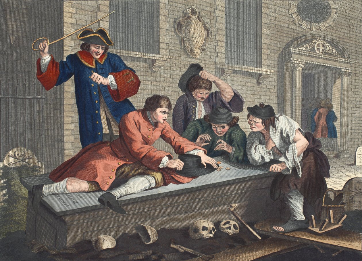 Den sysslolösa "Prentice at Play in the Church Yard During Divine Service", tavla III av "Industry and Idleness", illustration från "Hogarth Restored: The Whole Works of the celebrated William Hogarth, re-eng. av William Hogarth