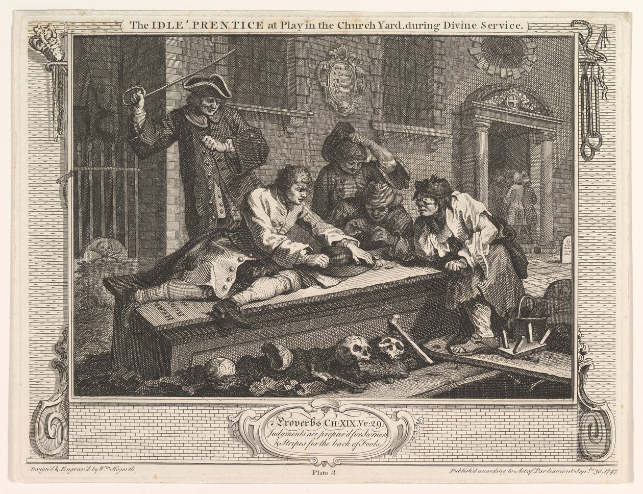 The Idle Prentice at Play in the Church Yard Industry and Idleness, skylt 3, 30 september 1747. av William Hogarth