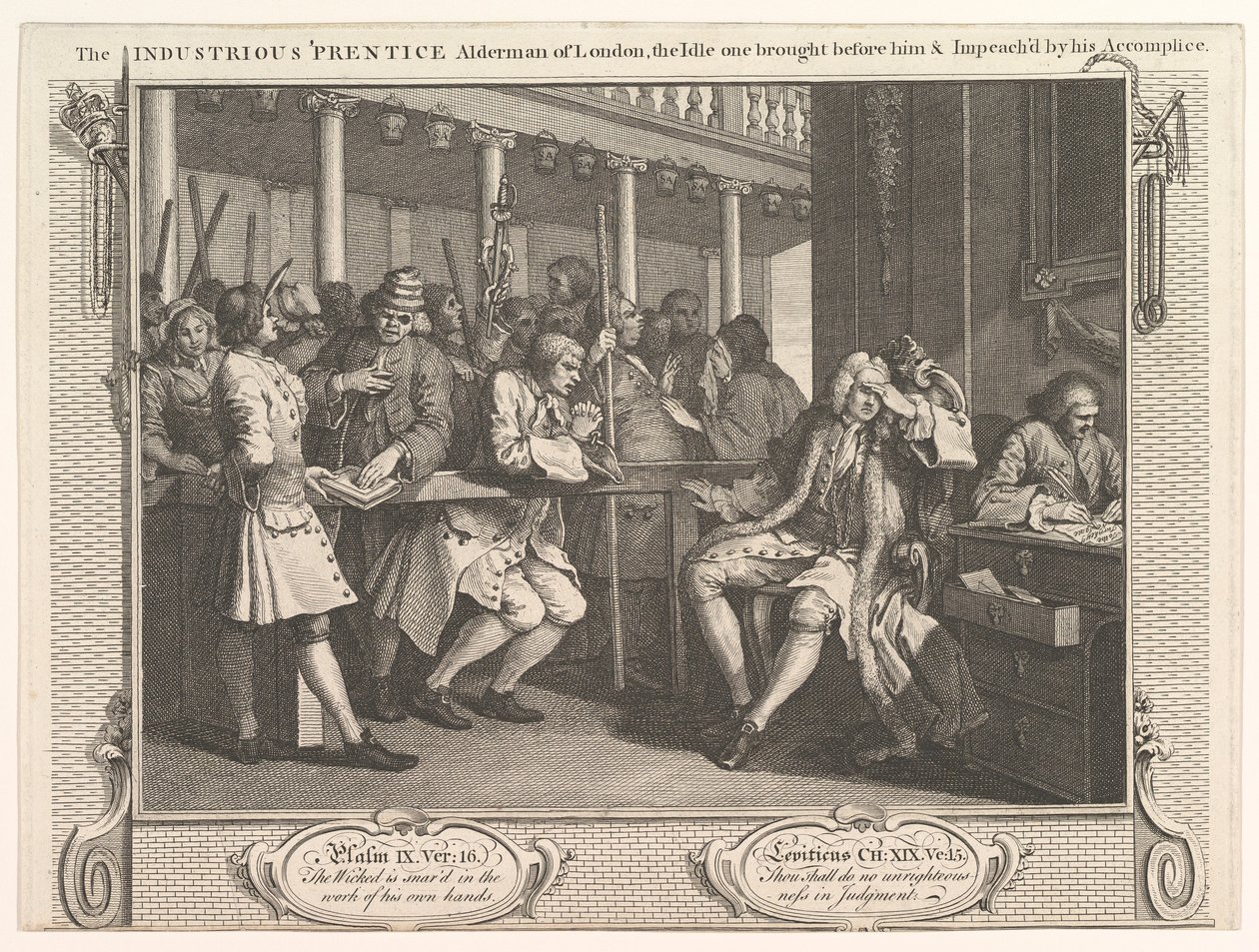 The Driftous Prentice Alderman of London, The Idle One Brought Before Hi..., 30 september 1747. av William Hogarth
