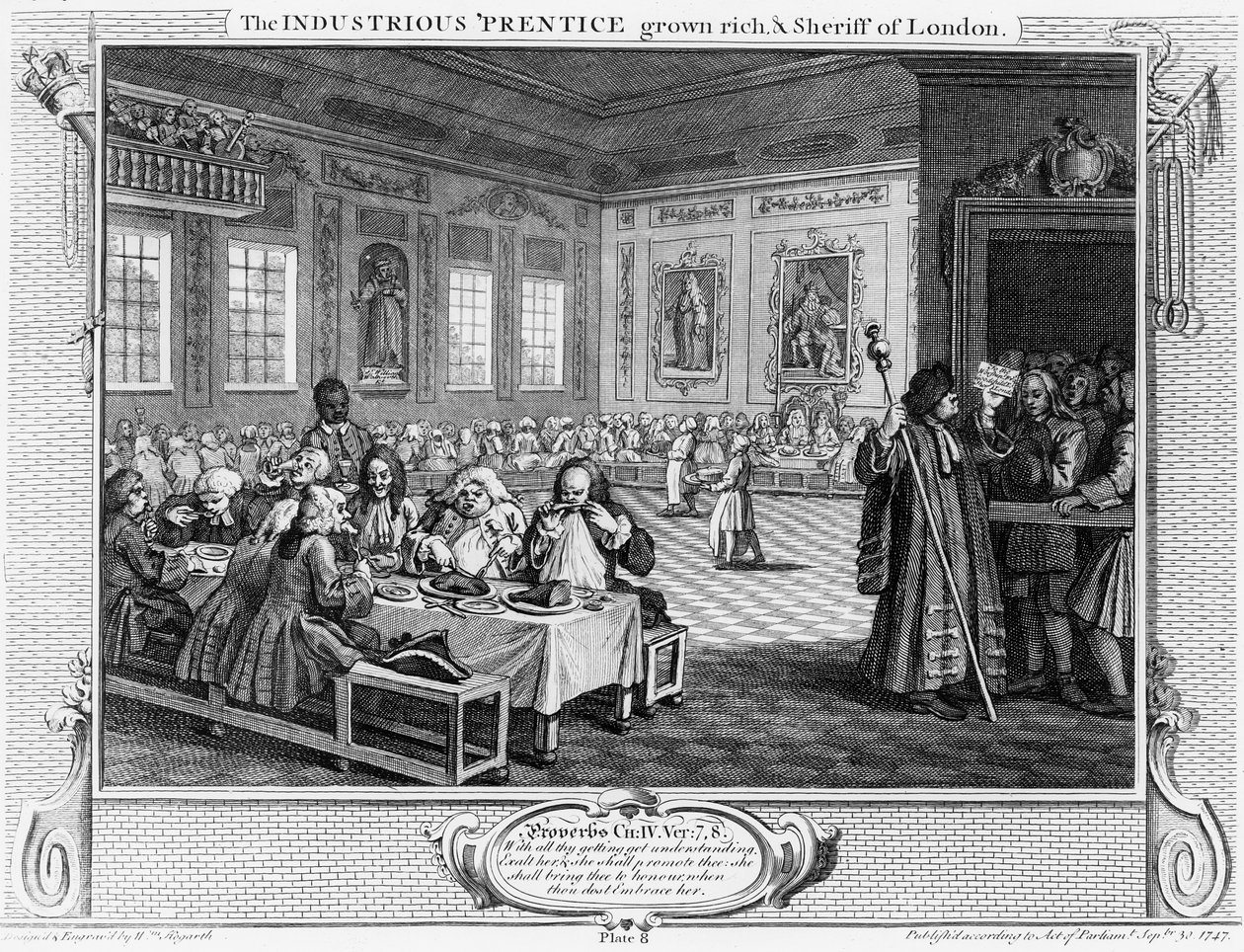Den flitiga "Prentice Grown Rich" och sheriff i London, tavla VIII i "Industry and Idleness", 1747 av William Hogarth