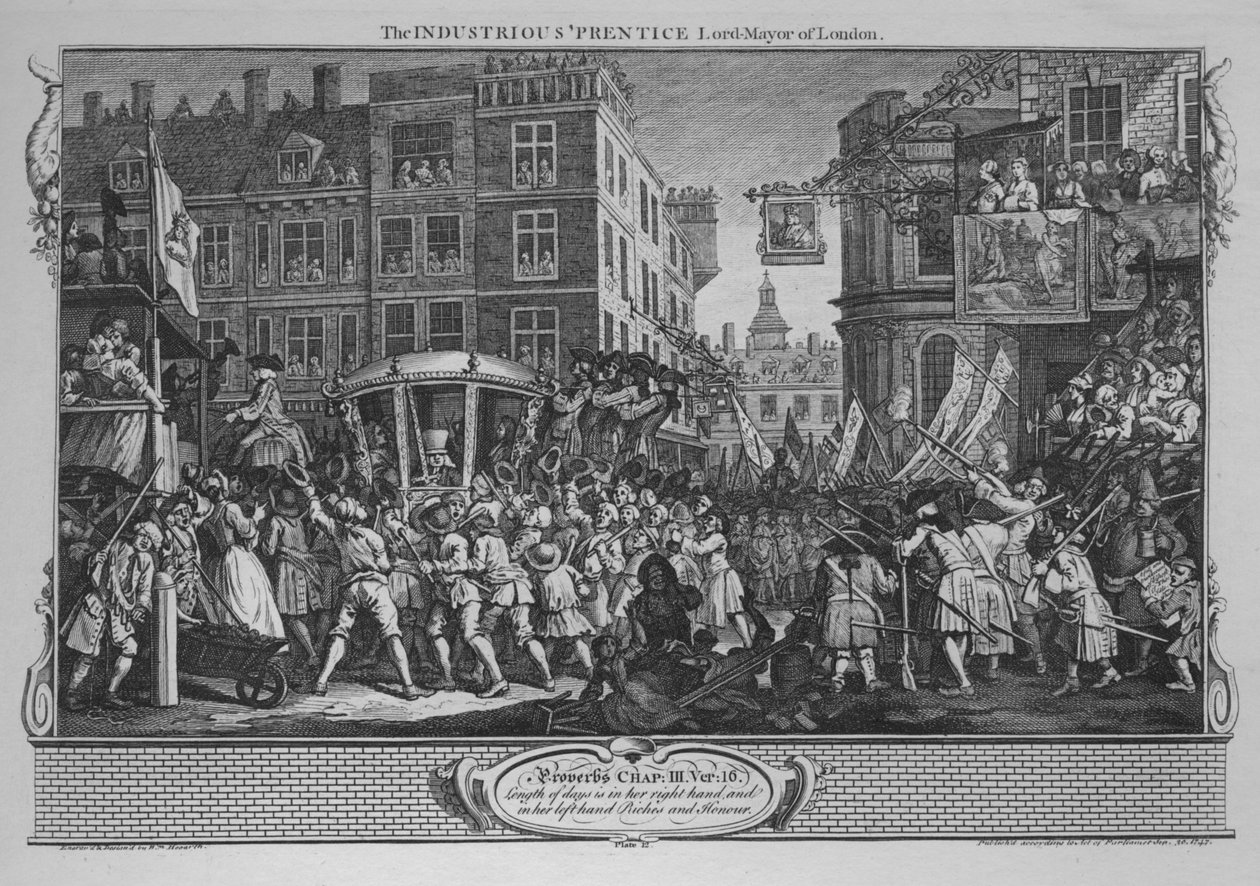 The Driftous Prentice Lord-Mayor of London - Skylt 12 från Industry and Idleness, 1747 av William Hogarth