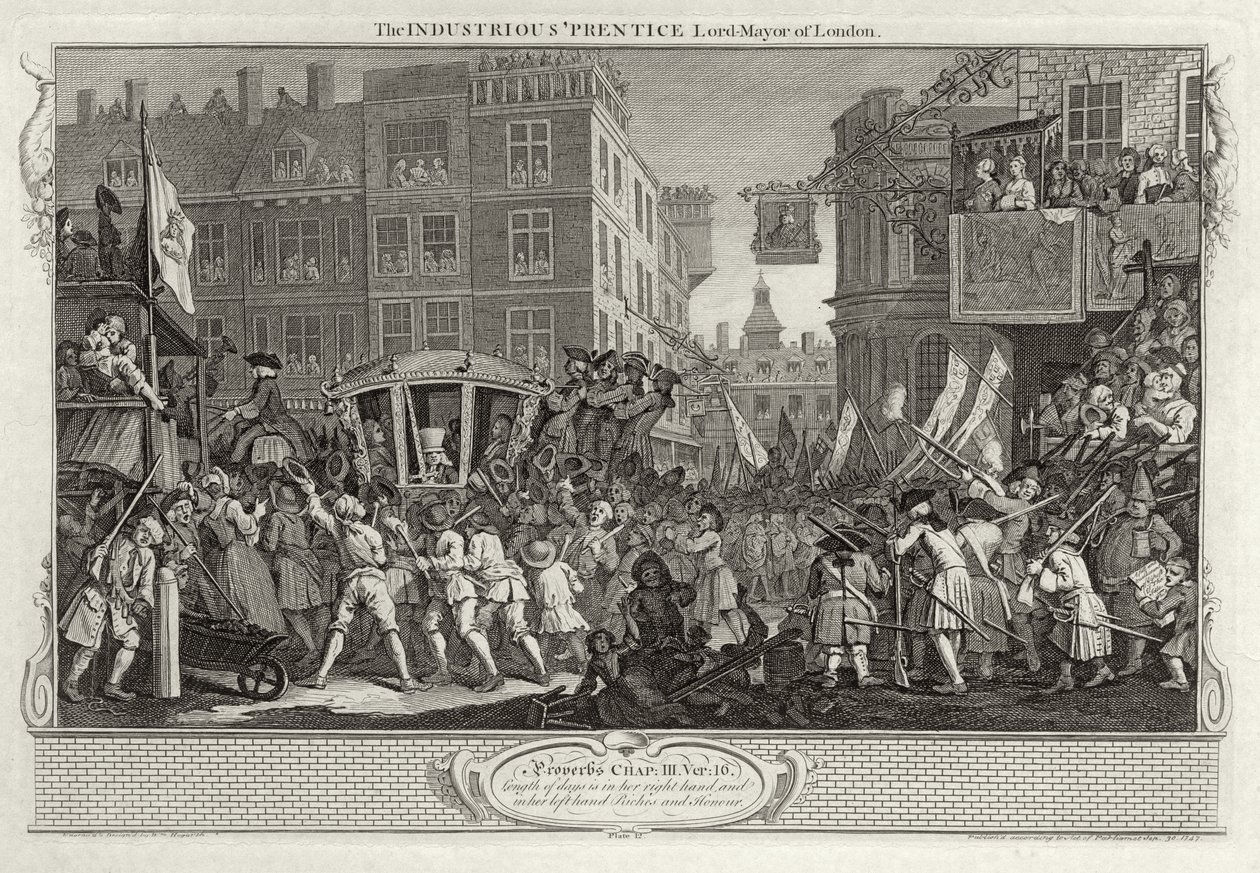 The Industrious "Prentice Lord Mayor of London, platta XII i "Industry and Idleness", publicerad 1833. av William Hogarth