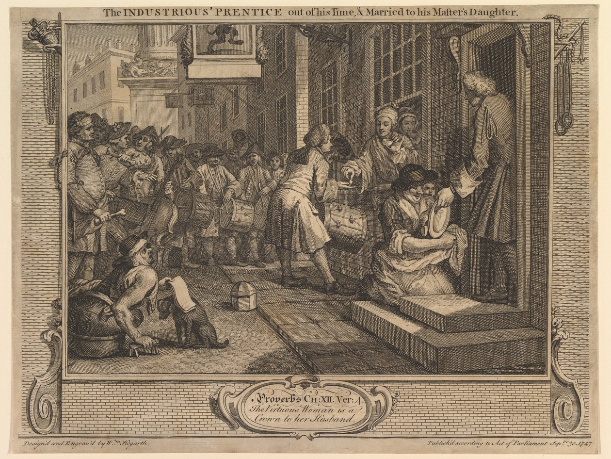 Den flitige lärlingen har avslutat sin lärotid och gift sig med sin mästares dotter: Flit och lättja, plansch 6 av William Hogarth