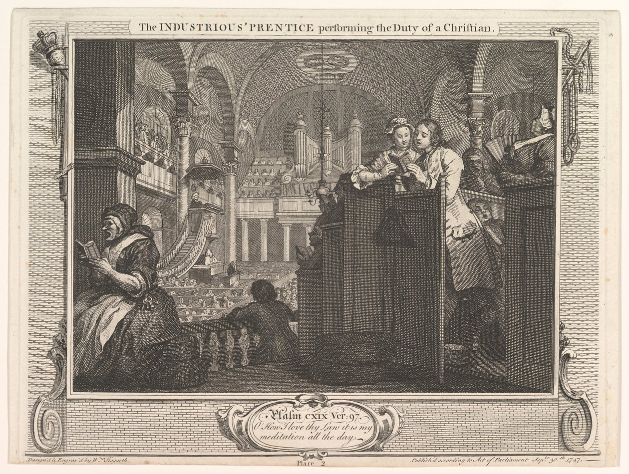 The Driftous Prentice Performing the Duty of a Christian Industry and I..., 30 september 1747. av William Hogarth