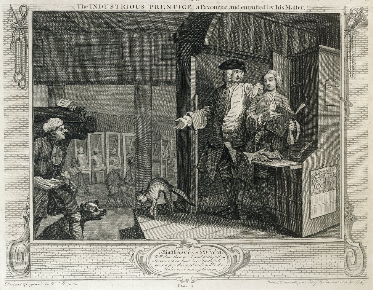 Den flitiga "Prentice", en favorit och anförtrotts av sin mästare, tavla IV i "Industry and Idleness", publicerad 1833. av William Hogarth