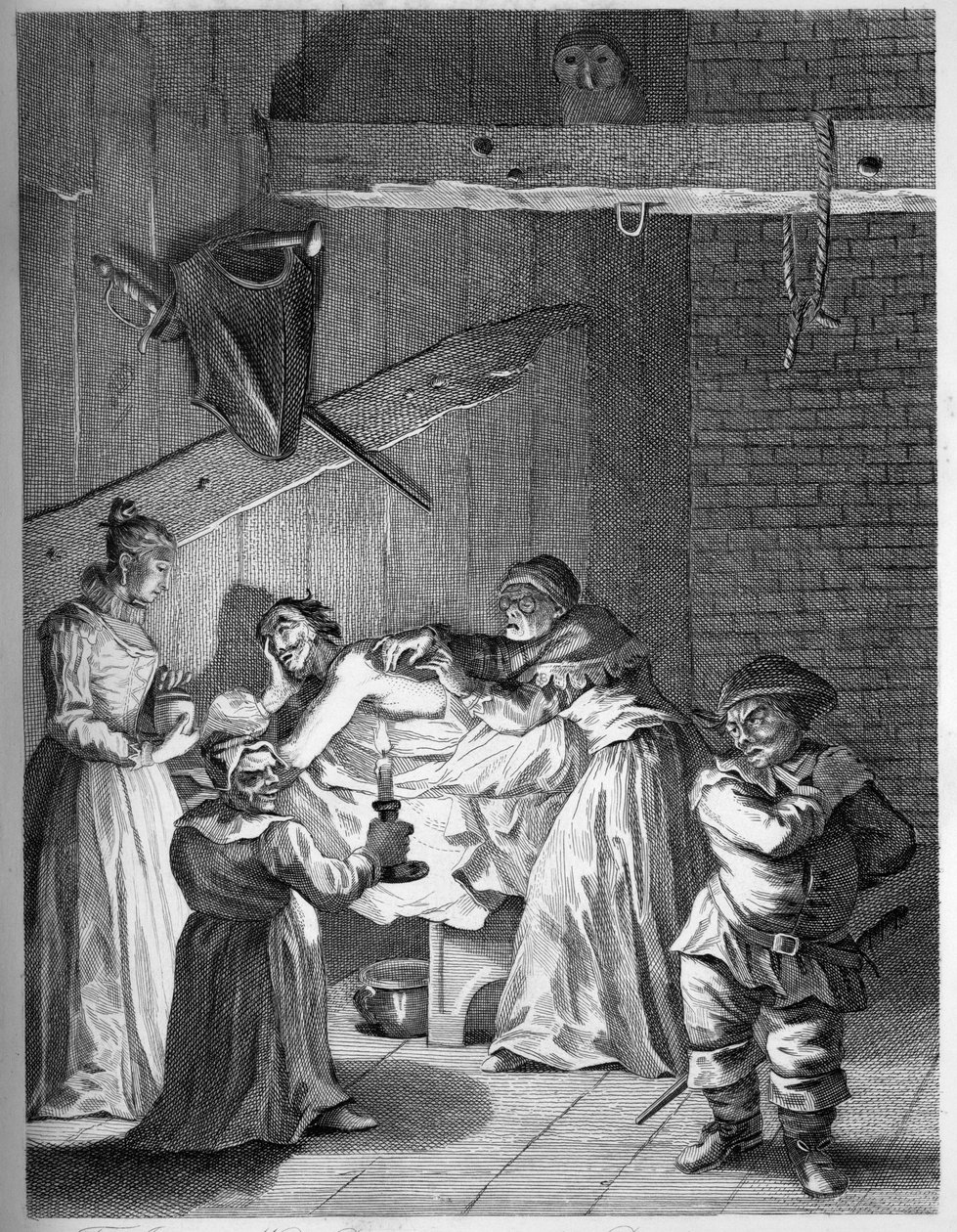 Värdshushållarna fru & dotter tar hand om Don efter att ha blivit slagen och blåslagen av William Hogarth
