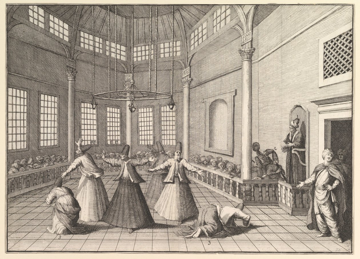 Insidan av en moské reser dervischerna som dansar Aubry de La Mottrayes genom..., 1723-24. av William Hogarth