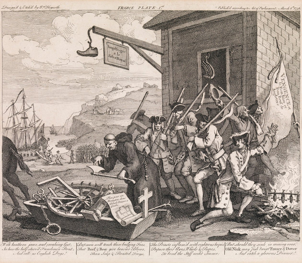 Invasionen, plansch 1: "Frankrike" av William Hogarth