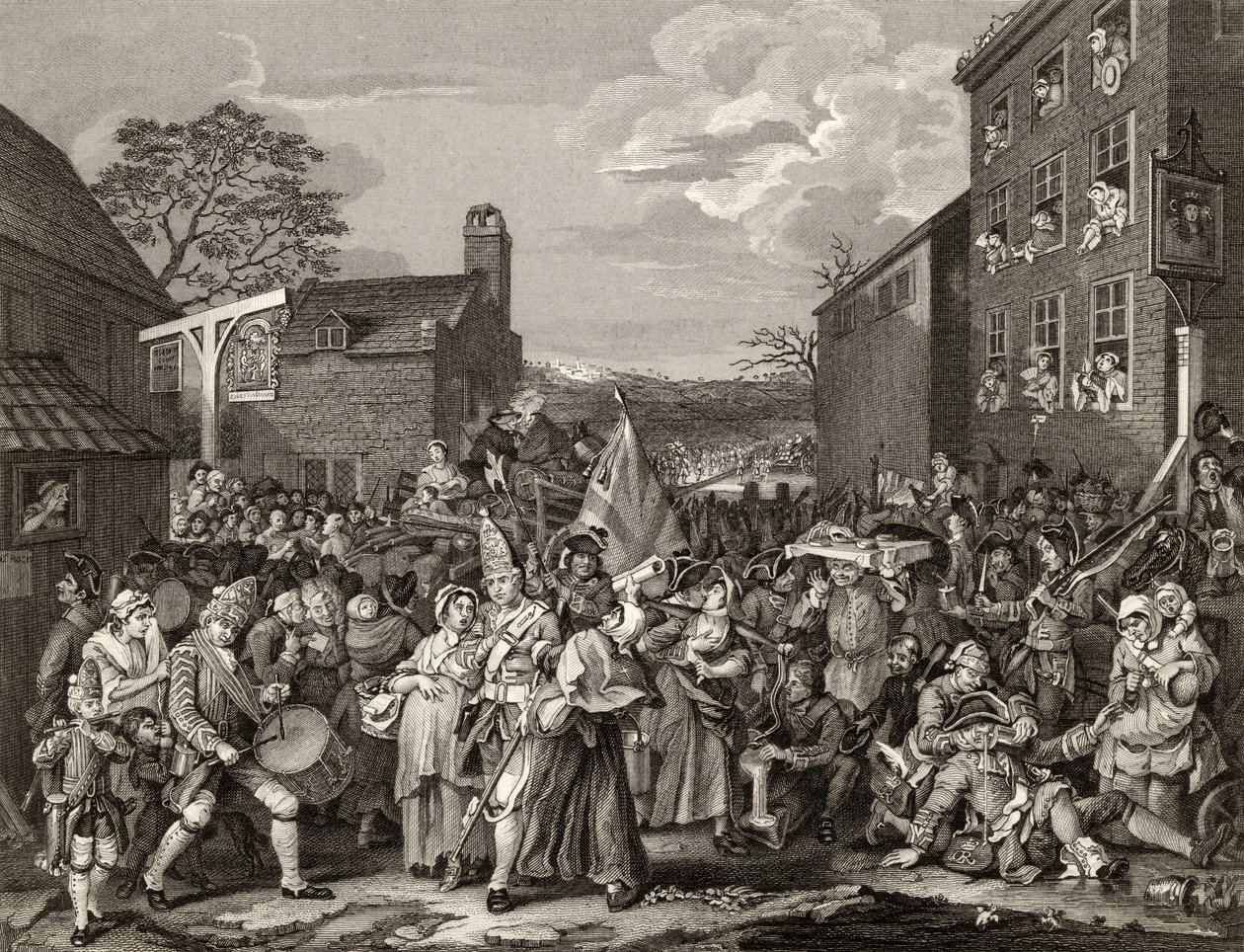 Marschen till Finchley, graverad av T.E. Nicholson, från "The Works of Hogarth", publicerad 1833 av William Hogarth